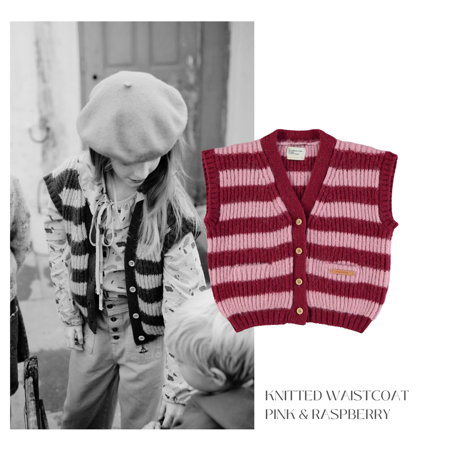 Piupiuchick - Knitted Waistcoat Pink & Strawberry Stripes