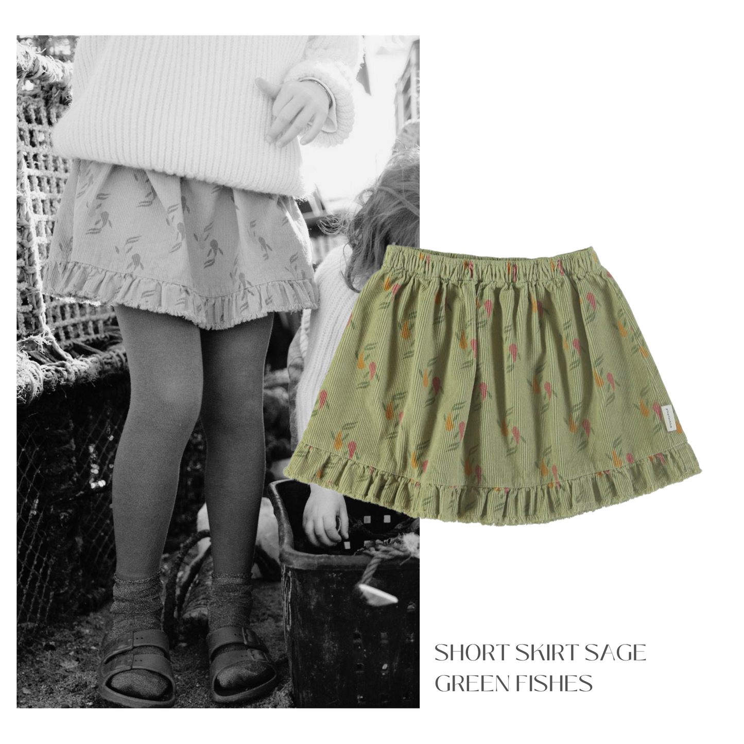 Piupiuchick - Short Skirt w Ruffles Sage Green w Multicolor Fishes