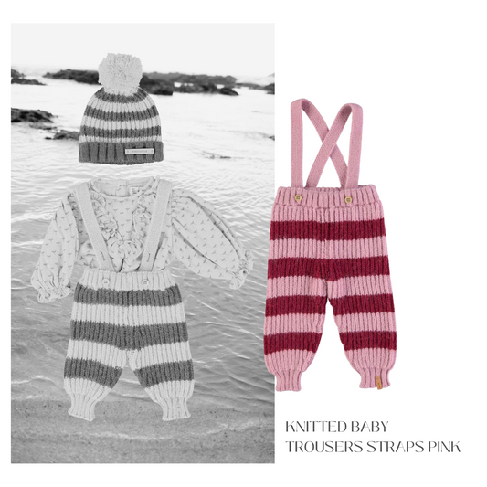 Piupiuchick - Knitted Baby Trousers Straps Pink & Raspberry Stripes