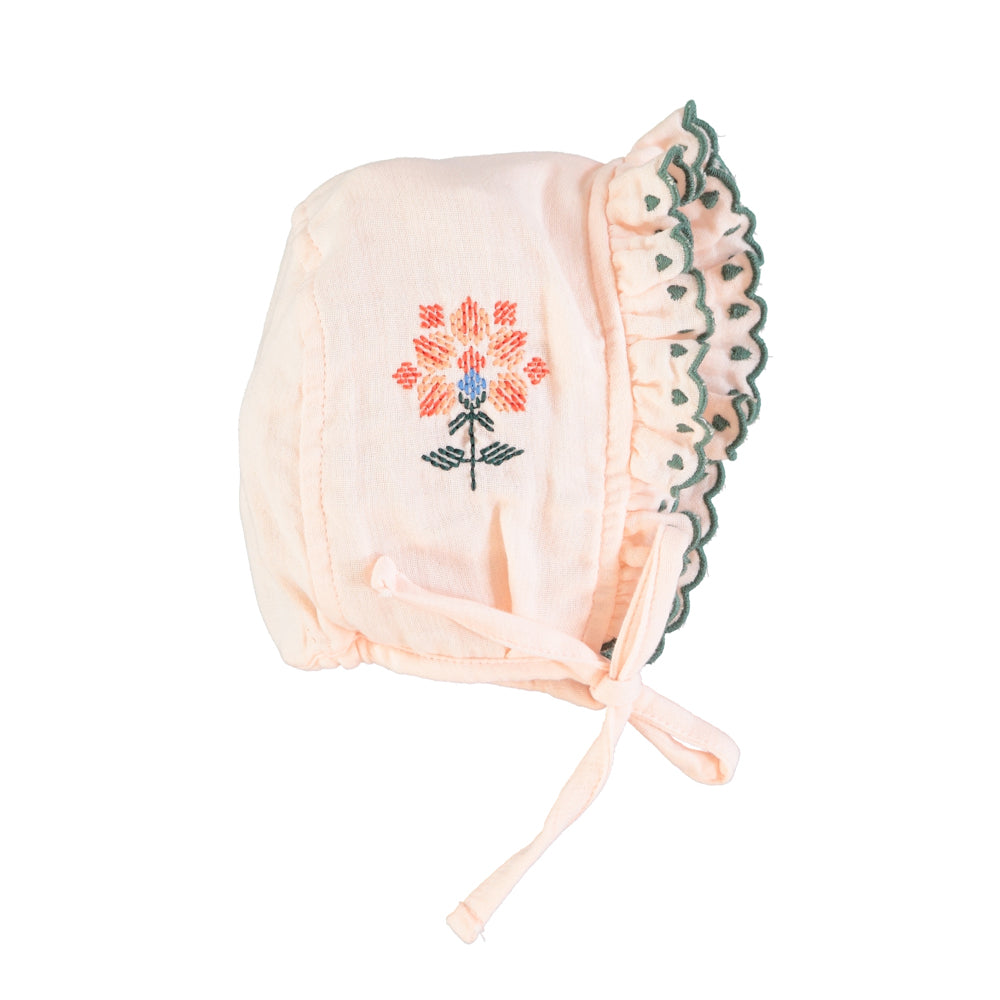 Piupiuchick - Baby Bonnet Pink w Embroidered Flower