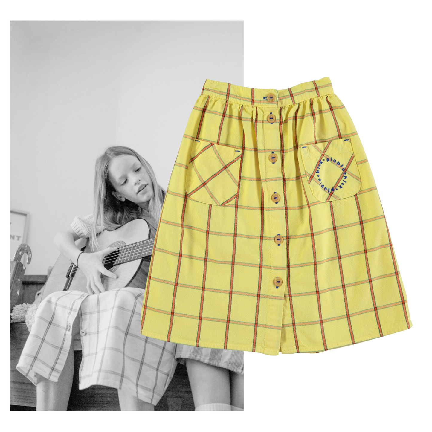 Piupiuchick - Long Skirt Front Pockets Yellow Checkered SS25