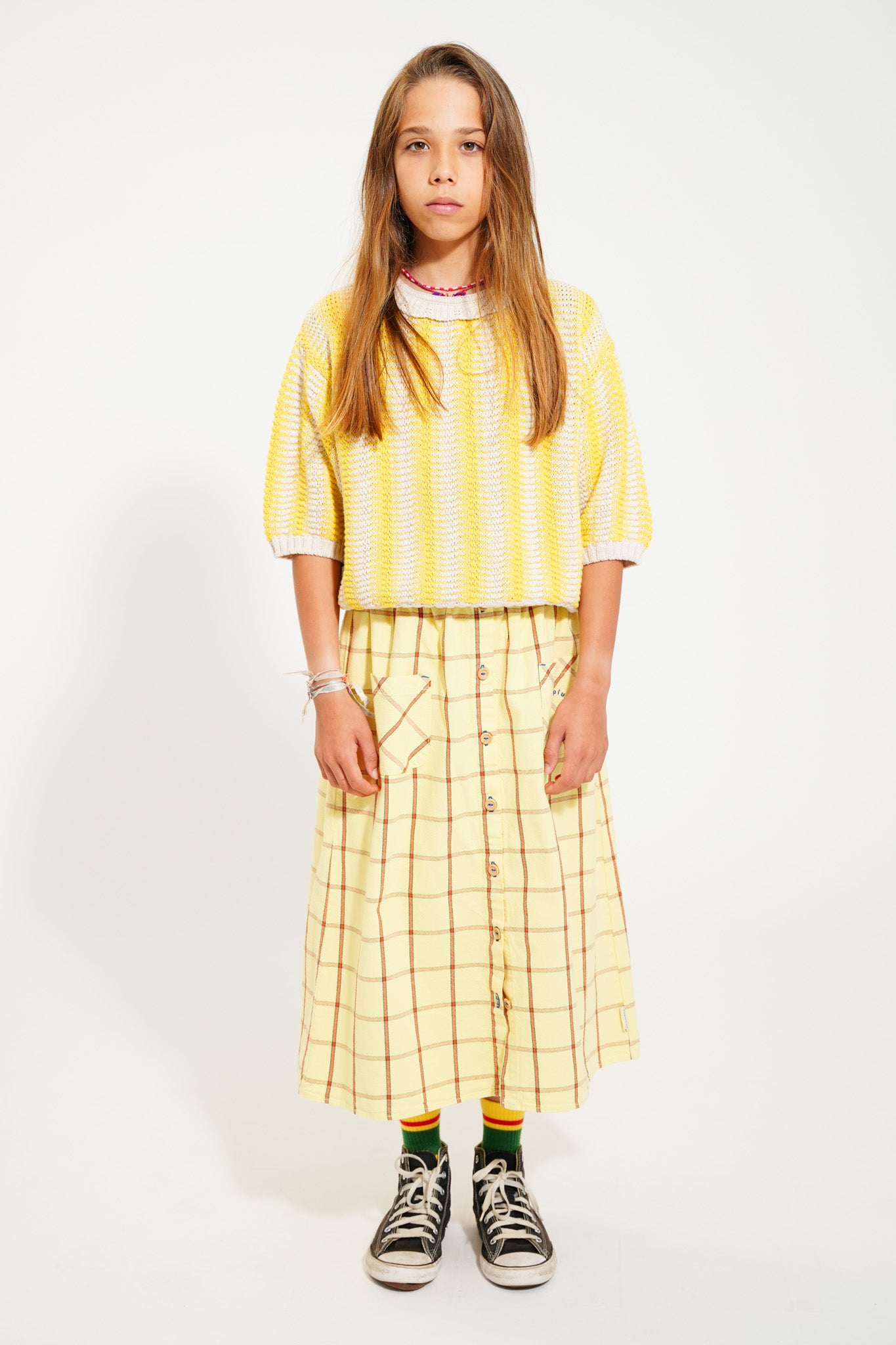 Piupiuchick - Long Skirt Front Pockets Yellow Checkered SS25