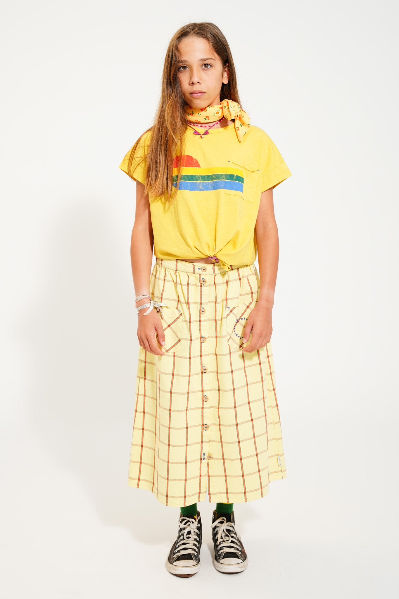 Piupiuchick - Long Skirt Front Pockets Yellow Checkered SS25